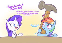 Size: 814x564 | Tagged: safe, artist:raridashdoodles, imported from derpibooru, rainbow dash, rarity, pegasus, pony, unicorn, blushing, comic, cute, dialogue, female, hammer, hearts and hooves day, hoof hold, inflatable, inflatable toy, lesbian, mare, raised hoof, raridash, shipping, slice of life, toy