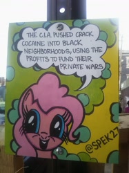 Size: 1511x2015 | Tagged: safe, artist:spek27, imported from derpibooru, pinkie pie, cia, cocaine, drugs, mouthpiece, obligatory pony, politics, street art, truth bomb, woke