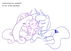 Size: 1400x1000 | Tagged: safe, artist:twilite-sparkleplz, imported from derpibooru, princess cadance, princess luna, spike, alicorn, dragon, pony, eyes closed, female, infidelity, interspecies, lucky bastard, male, mare, monochrome, shipping, simple background, sketch, smiling, spike gets all the mares, spikedance, spiluna, straight, white background