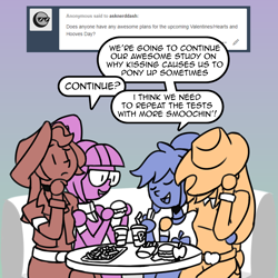Size: 1600x1600 | Tagged: safe, artist:rawrienstein, imported from derpibooru, applejack, rainbow dash, sci-twi, sunset shimmer, twilight sparkle, ask nerd dash, equestria girls, apple, appledash, burger, coke, date, double date, embarrassed, eyes closed, female, food, french fries, hamburger, holiday, lesbian, scitwishimmer, shipping, smiling, soda, sunsetsparkle, valentine's day