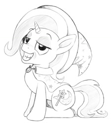 Size: 1024x1139 | Tagged: safe, artist:underwoodart, imported from derpibooru, trixie, pony, cape, clothes, female, hat, monochrome, sitting, smug, solo, trixie's cape, trixie's hat