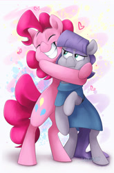 Size: 2495x3781 | Tagged: safe, artist:luximus17, imported from derpibooru, maud pie, pinkie pie, pony, bipedal, cheek squish, clothes, cute, duo, eyes closed, female, heart, hug, lidded eyes, mare, pie sisters, siblings, sisters, smiling, squishy cheeks