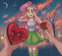 Size: 1200x1080 | Tagged: safe, artist:xjenn9, imported from derpibooru, fluttershy, equestria girls, clothes, cute, cyrillic, female, offscreen character, pov, redraw, russian, shyabetes, skirt, solo