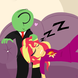 Size: 1000x1000 | Tagged: safe, artist:dragonpone, derpibooru exclusive, imported from derpibooru, sunset shimmer, oc, oc:anon, human, equestria girls, bags under eyes, blushing, canon x oc, clothes, couch, duo, eyes closed, female, floating heart, heart, male, on back, pajamas, shipping, sleeping, smiling, straight, zzz