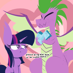 Size: 1000x1000 | Tagged: safe, artist:dragonpone, derpibooru exclusive, imported from derpibooru, spike, twilight sparkle, dragon, pony, unicorn, :<, abstract background, butt freckles, cheek fluff, chest fluff, crystal heart, cute, dialogue, ear tufts, eyebrows, eyebrows visible through hair, eyes closed, female, fluffy, freckles, happy, heart, lidded eyes, male, mare, older, older spike, present, raised eyebrow, sharp teeth, shipping, sitting, smiling, spikabetes, spread wings, straight, teenage spike, teenager, teeth, text, twispike, unamused, unicorn twilight, wavy mouth, winged spike, wings, xk-class end-of-the-world scenario