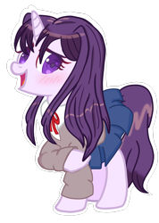 Size: 1278x1797 | Tagged: safe, artist:ponytaku, imported from derpibooru, pony, unicorn, blushing, clothes, doki doki literature club, female, looking at you, mare, ponified, raised hoof, school uniform, simple background, skirt, solo, transparent background, yuri (ddlc)