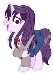 Size: 1278x1797 | Tagged: safe, alternate version, artist:ponytaku, imported from derpibooru, pony, unicorn, spoiler:doki doki literature club, clothes, doki doki literature club, empty eyes, female, hoof hold, knife, looking at you, mare, no pupils, ponified, raised hoof, school uniform, simple background, skirt, solo, spoilers for another series, this will end in death, transparent background, yandere, yuri (ddlc)