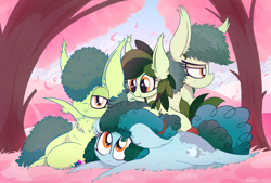 Size: 3062x2072 | Tagged: safe, artist:dragonpone, derpibooru exclusive, imported from derpibooru, oc, oc only, oc:bittergreen, oc:gleamblossom, oc:sweetleaf, oc:thistle sprig, earth pony, pony, butt freckles, chest fluff, ear fluff, family, female, filly, floppy ears, fluffy, freckles, hair over one eye, lidded eyes, looking at each other, looking at you, looking down, looking up, mare, nose wrinkle, petals, prone, shoulder freckles, smiling, tail wrap, tree, unamused