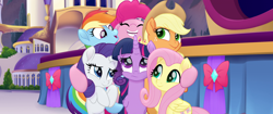 Size: 1920x804 | Tagged: safe, imported from derpibooru, screencap, applejack, fluttershy, pinkie pie, rainbow dash, rarity, twilight sparkle, alicorn, earth pony, pegasus, pony, unicorn, my little pony: the movie, eyes closed, female, group hug, happy, hug, mane six, smiling, twilight sparkle (alicorn), unsure