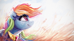 Size: 4000x2250 | Tagged: safe, artist:thefloatingtree, imported from derpibooru, rainbow dash, pegasus, pony, element of loyalty, female, mare, multicolored hair, smiling, solo, windswept mane