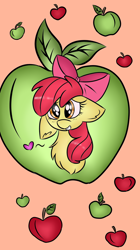 Size: 800x1425 | Tagged: safe, artist:d-airinn, imported from derpibooru, apple bloom, pony, apple, bust, cute, ear fluff, female, floppy ears, food, heart, looking at you, smiling, solo