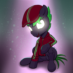 Size: 1764x1764 | Tagged: safe, artist:xbi, imported from derpibooru, oc, oc only, oc:zvukar, pony, album cover, clothes, glowing eyes, gopnik, hat, male, solo, stallion