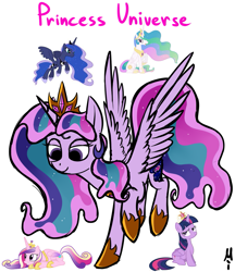 Size: 969x1123 | Tagged: safe, artist:fusionsofponies, artist:milchik, imported from derpibooru, princess cadance, princess celestia, princess luna, twilight sparkle, alicorn, alicorn tetrarchy, big crown thingy, ethereal mane, fusion, jewelry, regalia, twilight sparkle (alicorn)