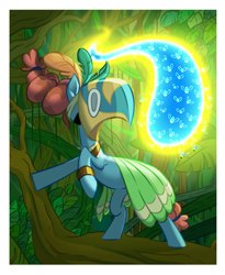 Size: 1555x1900 | Tagged: safe, artist:amazingbutterfingers, imported from derpibooru, meadowbrook, bee, earth pony, flash bee, insect, pony, a health of information, clothes, female, healer's mask, mare, mask, solo, tree, tree branch