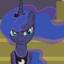 Size: 1083x1077 | Tagged: safe, edit, edited screencap, imported from derpibooru, screencap, princess luna, alicorn, pony, a royal problem, >:3, faic, female, grumpy luna, inverted mouth, luna is not amused, princess luna is amused, smiling, solo, unamused