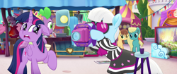 Size: 1920x804 | Tagged: safe, imported from derpibooru, screencap, chocolate apple, cornsilk, photo finish, spike, twilight sparkle, alicorn, dragon, earth pony, pony, my little pony: the movie, background pony, camera, clothes, dragons riding ponies, dress, female, festival of friendship, mare, riding, spike riding twilight, sunglasses, surprised, twilight sparkle (alicorn), we got this together