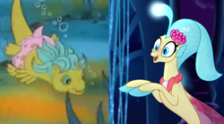 Size: 686x380 | Tagged: safe, imported from derpibooru, screencap, princess skystar, sea shimmer, sea pony, seapony (g4), my little pony: the movie, comparison, cropped, g1, g4