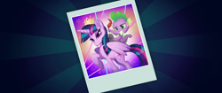 Size: 1920x804 | Tagged: safe, imported from derpibooru, screencap, spike, twilight sparkle, alicorn, dragon, pony, my little pony: the movie, crown, dragons riding ponies, duckface, duo, fabulous, feather, female, implied photo finish, jewelry, lidded eyes, lights, male, mare, paper, photo, quill, raised hoof, regalia, riding, scroll, sparkles, spike riding twilight, stars, sunburst background, twilight sparkle (alicorn), we got this together, wings