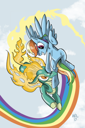 Size: 1024x1536 | Tagged: safe, artist:lytlethelemur, imported from derpibooru, rainbow dash, tianhuo, longma, pegasus, pony, them's fightin' herds, armpits, crossover, duo, fiery wings, fight, flying, mane of fire, rainbow trail, tianhuo (tfh)
