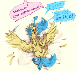 Size: 2848x2664 | Tagged: safe, artist:alumx, imported from derpibooru, princess skystar, classical hippogriff, hippogriff, my little pony: the movie, dialogue, excited, feather, female, flapping, offscreen character, on back, open mouth, simple background, smiling, solo, speech bubble, spread wings, trembling, underhoof, unshorn fetlocks, wat, white background, wings, wrong name
