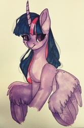 Size: 844x1280 | Tagged: safe, artist:neonishe, imported from derpibooru, twilight sparkle, alicorn, pony, curved horn, female, mare, simple background, solo, spread wings, traditional art, twilight sparkle (alicorn), white background, wings