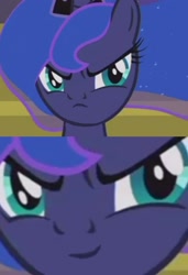 Size: 1156x1687 | Tagged: safe, edit, edited screencap, imported from derpibooru, screencap, princess luna, alicorn, pony, a royal problem, >:), >:c, adorable face, amused, at first i was like but then i was like, cute, evil grin, faic, female, frown, frown upside down, grumpy luna, inverted mouth, luna is not amused, princess luna is amused, smiling, solo, unamused