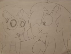 Size: 2893x2196 | Tagged: safe, artist:faintshadow, deleted from derpibooru, imported from derpibooru, oc, oc only, oc:faintshadow, oc:mable syrup, unicorn, blind, boop, clothes, oc x oc, scrunchy face, shipping, socks, striped socks, traditional art