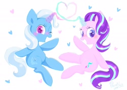 Size: 2039x1447 | Tagged: safe, artist:1drfl_world_end, imported from derpibooru, starlight glimmer, trixie, pony, unicorn, female, glowing horn, heart, lesbian, looking at you, looking sideways, magic, one eye closed, shipping, simple background, sitting, startrix, waving, white background, wink