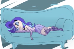Size: 1853x1230 | Tagged: safe, artist:sl0ne, imported from derpibooru, starlight glimmer, human, breasts, cleavage, clothes, couch, cute, female, glimmerbetes, humanized, looking at you, lying down, midriff, moe, skirt, smiling, socks, solo, striped socks
