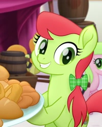 Size: 581x726 | Tagged: safe, imported from derpibooru, screencap, carrot top, golden harvest, peachy sweet, red gala, earth pony, pony, my little pony: the movie, apple family member, background pony, bow, cropped, female, hair bow, looking at you, mare, smiling, solo focus