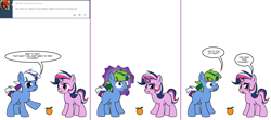 Size: 1808x800 | Tagged: safe, artist:dekomaru, imported from derpibooru, oc, oc only, oc:aurora, oc:nebula, pony, unicorn, tumblr:ask twixie, ask, colt, comic, female, filly, food, green mane, magic, magical lesbian spawn, male, offspring, orange, parent:trixie, parent:twilight sparkle, parents:twixie, siblings, tumblr