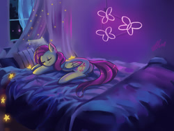 Size: 1700x1280 | Tagged: safe, artist:xjenn9, imported from derpibooru, fluttershy, pegasus, pony, bed, butt, cute, fairy lights, female, mare, neon, night, pillow, plot, precious, shyabetes, sleeping, solo, stars, sweet dreams fuel, window