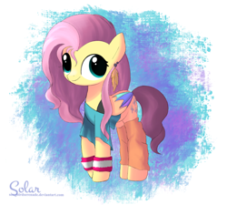 Size: 1000x900 | Tagged: safe, artist:songbirdserenade, imported from derpibooru, fluttershy, pony, 80s, clothes, ear piercing, earring, female, jewelry, leg warmers, piercing, simple background, solo, wristband