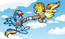 Size: 2000x1200 | Tagged: safe, artist:sallindaemon, imported from derpibooru, rainbow dash, spitfire, pony, alternate design, bomber jacket, clothes, cloud, flying, hoofbump, jacket