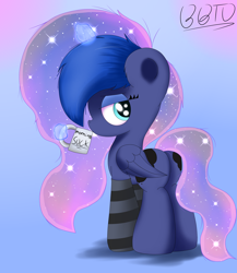 Size: 2660x3070 | Tagged: safe, artist:bronybehindthedoor, imported from derpibooru, princess luna, pony, butt, clothes, coffee mug, ethereal mane, female, galaxy mane, looking back, mug, plot, socks, solo, striped socks