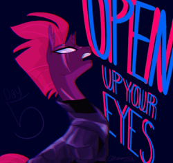 Size: 550x520 | Tagged: safe, artist:creeate97, imported from derpibooru, tempest shadow, pony, unicorn, my little pony: the movie, black background, broken horn, chromatic aberration, dialogue, eye scar, female, mare, open up your eyes, scar, signature, simple background, singing, solo, song, song reference