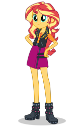 Size: 1030x1546 | Tagged: safe, imported from derpibooru, sunset shimmer, human, equestria girls, equestria girls series, boots, clothes, female, geode of empathy, hand on hip, high heel boots, jacket, leather jacket, not a vector, official, shoes, simple background, skirt, solo, transparent background, vector