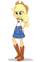 Size: 1030x1546 | Tagged: safe, imported from derpibooru, applejack, equestria girls, equestria girls series, belt, boots, clothes, cowboy boots, cowboy hat, denim skirt, female, freckles, geode of super strength, hand on hip, hat, high heel boots, official, shoes, simple background, skirt, solo, stetson, transparent background, vector