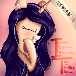 Size: 3000x3000 | Tagged: safe, artist:aldobronyjdc, imported from derpibooru, oc, oc only, oc:melody verve, pony, unicorn, blushing, cyndi lauper, earbuds, lyrics, solo, song reference, text, time after time