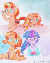 Size: 1024x1280 | Tagged: safe, artist:naginiko, imported from derpibooru, sunset shimmer, twilight sparkle, pony, equestria girls, alternate clothes, alternate costumes, alternate hairstyle, blushing, clothes, cute, female, lesbian, looking at each other, pixiv, school uniform, shimmerbetes, shipping, sunsetsparkle, twiabetes