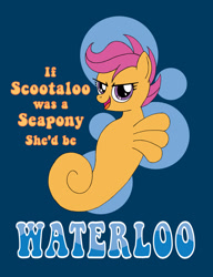 Size: 1498x1950 | Tagged: safe, artist:supra80, imported from derpibooru, scootaloo, sea pony, seahorse, abstract background, chicken of the sea, female, pun, seaponified, seapony scootaloo, solo, species swap, text, waterloo