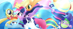 Size: 2636x1061 | Tagged: safe, artist:phoenixperegrine, imported from derpibooru, applejack, fluttershy, pinkie pie, princess skystar, rainbow dash, rarity, spike, twilight sparkle, alicorn, fish, pony, puffer fish, seapony (g4), my little pony: the movie, cute, dashabetes, diapinkes, female, freckles, jackabetes, mane seven, mane six, movie accurate, open mouth, raribetes, seaponified, seapony applejack, seapony fluttershy, seapony pinkie pie, seapony rainbow dash, seapony rarity, seapony twilight, shyabetes, skyabetes, smiling, species swap, spikabetes, spike the pufferfish, swimming, twiabetes, twilight sparkle (alicorn), underwater, water