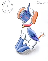 Size: 1024x1316 | Tagged: safe, artist:the1king, imported from derpibooru, princess luna, dog, animal costume, blushing, chinese new year, clothes, collar, costume, dog collar, eyes closed, female, howling, kigurumi, lunar new year, moon, solo, tail wag, year of the dog
