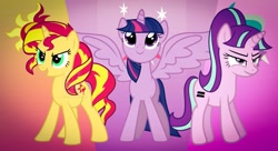 Size: 1599x872 | Tagged: safe, artist:bubbly-storm, imported from derpibooru, starlight glimmer, sunset shimmer, twilight sparkle, alicorn, pony, unicorn, counterparts, cutie mark background, equal cutie mark, gradient background, spread wings, twilight sparkle (alicorn), twilight's counterparts, watermark, wings