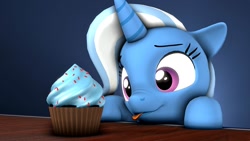 Size: 1280x720 | Tagged: safe, artist:flushthebatsanta, imported from derpibooru, trixie, pony, 3d, :p, cupcake, cute, diatrixes, food, silly, source filmmaker, tongue out