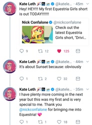 Size: 1079x1464 | Tagged: safe, imported from derpibooru, sunset shimmer, driving miss shimmer, equestria girls, equestria girls series, kate leth, meta, nick confalone, text, twitter
