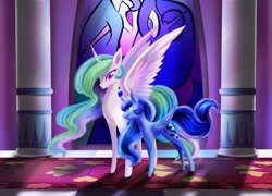 Size: 1253x901 | Tagged: dead source, safe, artist:lunaritass, imported from derpibooru, princess celestia, princess luna, alicorn, pony, duo, female, mare, missing accessory, royal sisters, sisters, stained glass
