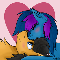 Size: 1500x1500 | Tagged: safe, artist:r0xyr0x, imported from derpibooru, oc, oc only, oc:graffie, oc:thorn, pegasus, pony, beard, blushing, couple, cuddling, cute, eyes closed, facial hair, forehead kiss, heart, kissing, piercing