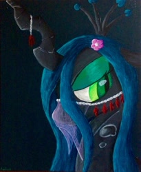 Size: 1504x1837 | Tagged: safe, artist:colorsceempainting, imported from derpibooru, queen chrysalis, changeling, changeling queen, bust, clothes, crown, fancy, female, flower, flower in hair, jewelry, paint, painting, portrait, regalia, see-through, sexy, solo, traditional art