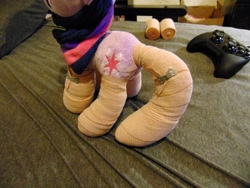 Size: 1280x960 | Tagged: safe, artist:supra80, imported from derpibooru, part of a set, twilight sparkle, pony, unicorn, bandage, bondage, controller, irl, medical bondage, mummification, part of a series, photo, plushie, rolls, self bondage, solo